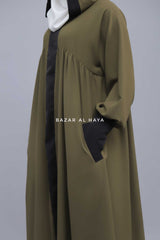 Kalina Dark Olive Hooded Abaya Dress With Pockets - Soft Crepe Cotton