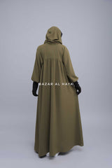 Kalina Dark Olive Hooded Abaya Dress With Pockets - Soft Crepe Cotton