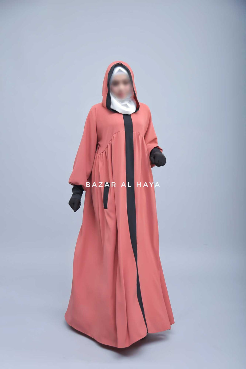 Kalina Blush Peach Hooded Abaya Dress With Pockets - Soft Crepe Cotton