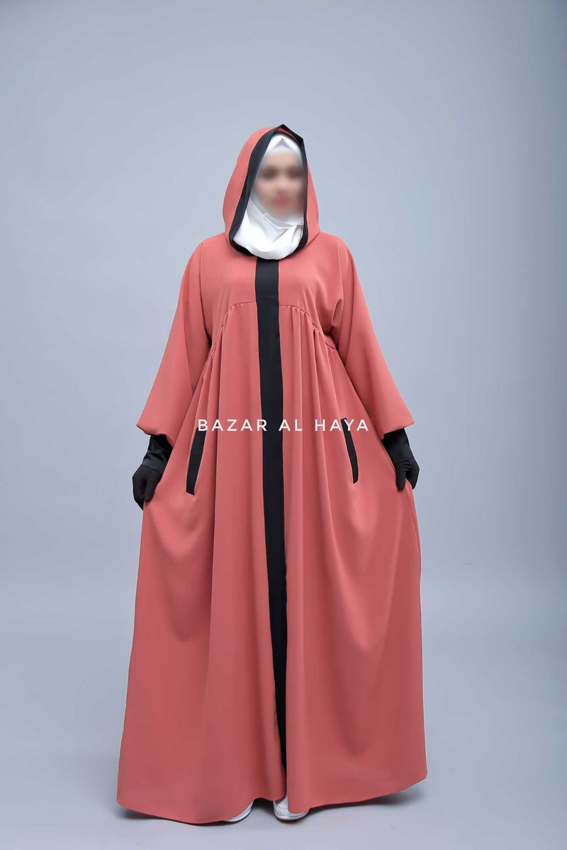 Kalina Blush Peach Hooded Abaya Dress With Pockets - Soft Crepe Cotton