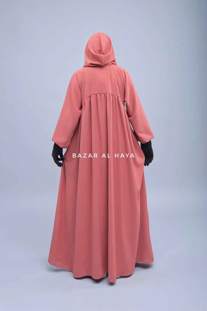 Kalina Blush Peach Hooded Abaya Dress With Pockets - Soft Crepe Cotton