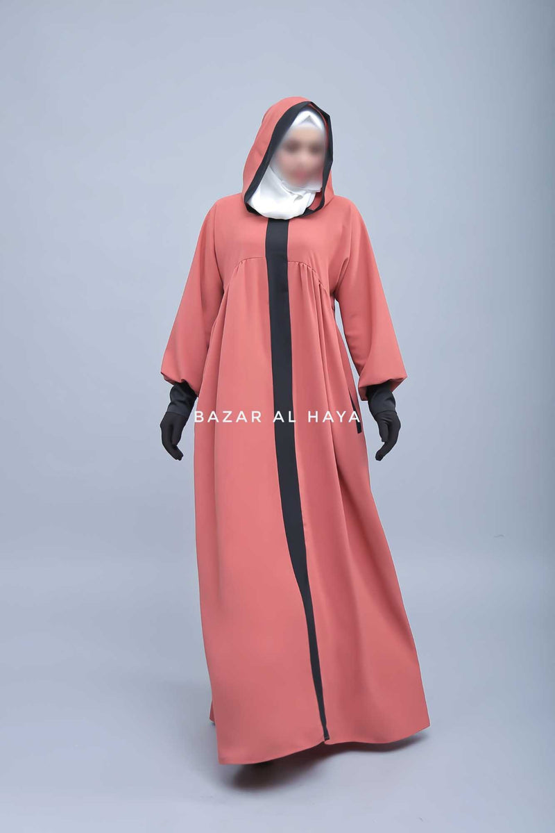 Kalina Blush Peach Hooded Abaya Dress With Pockets - Soft Crepe Cotton