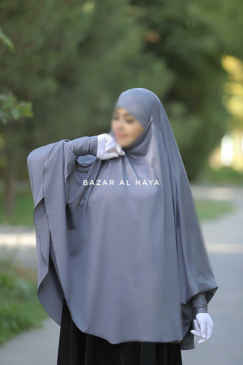 Steel Grey Cotton Abida Khimar With Sleeves - Soft Cotton