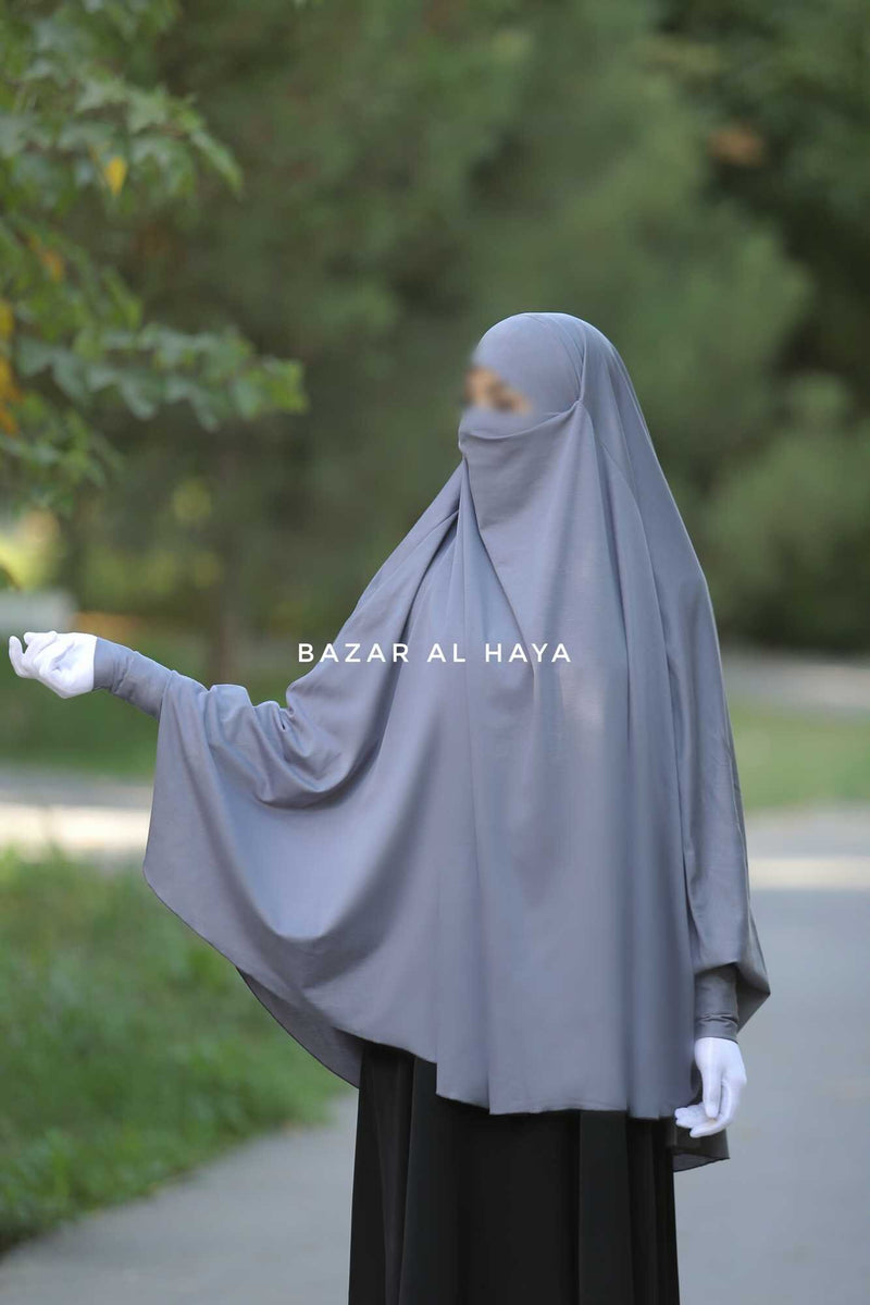 Steel Grey Cotton Abida Khimar With Sleeves - Soft Cotton