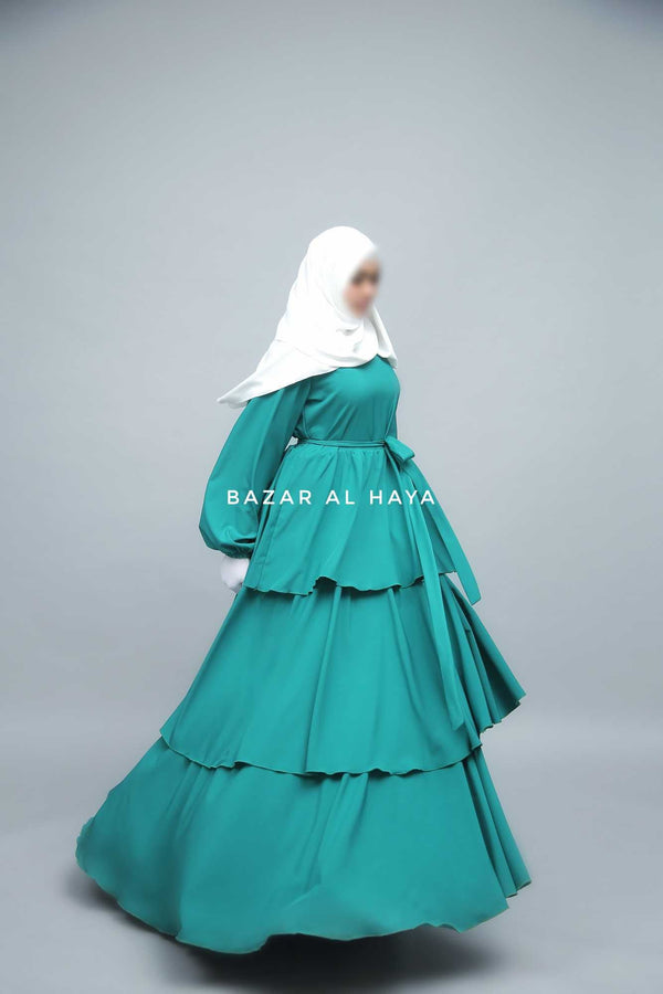 Zuhur Jade Green Ruffle Tiered Maxi Abaya Dress - Soft Silk Crepe