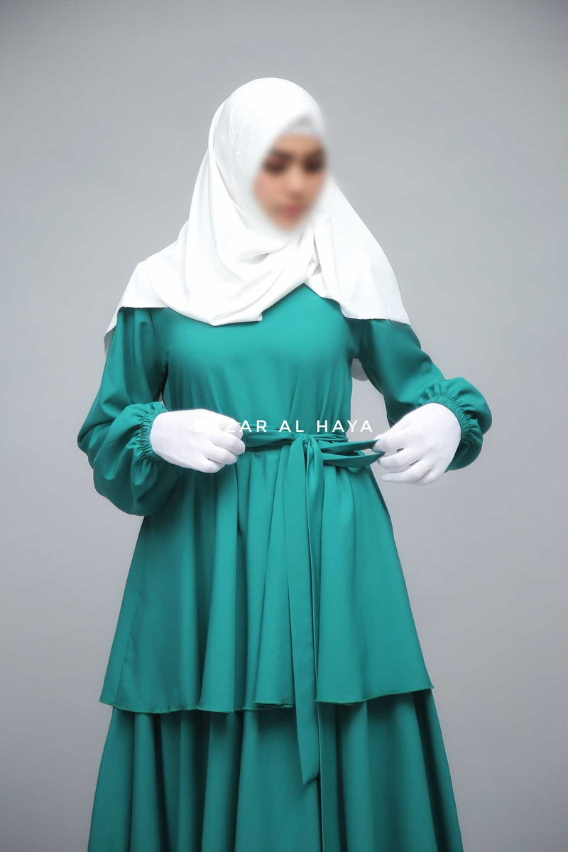 Zuhur Jade Green Ruffle Tiered Maxi Abaya Dress - Soft Silk Crepe