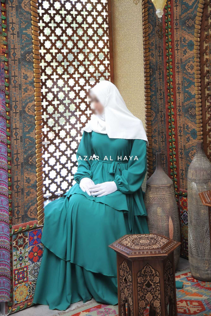 Zuhur Jade Green Ruffle Tiered Maxi Abaya Dress - Soft Silk Crepe XL Zuhur Jade Green Ruffle Tiered Maxi Abaya Dress - Soft Silk Crepe XL