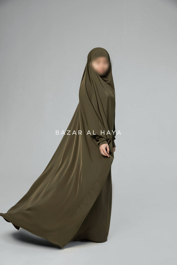 Sarah One Piece Olive Jilbab - Zipper Sleeves - Silk Crepe