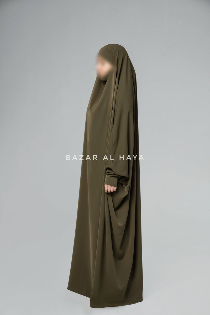 Sarah One Piece Olive Jilbab - Zipper Sleeves - Silk Crepe