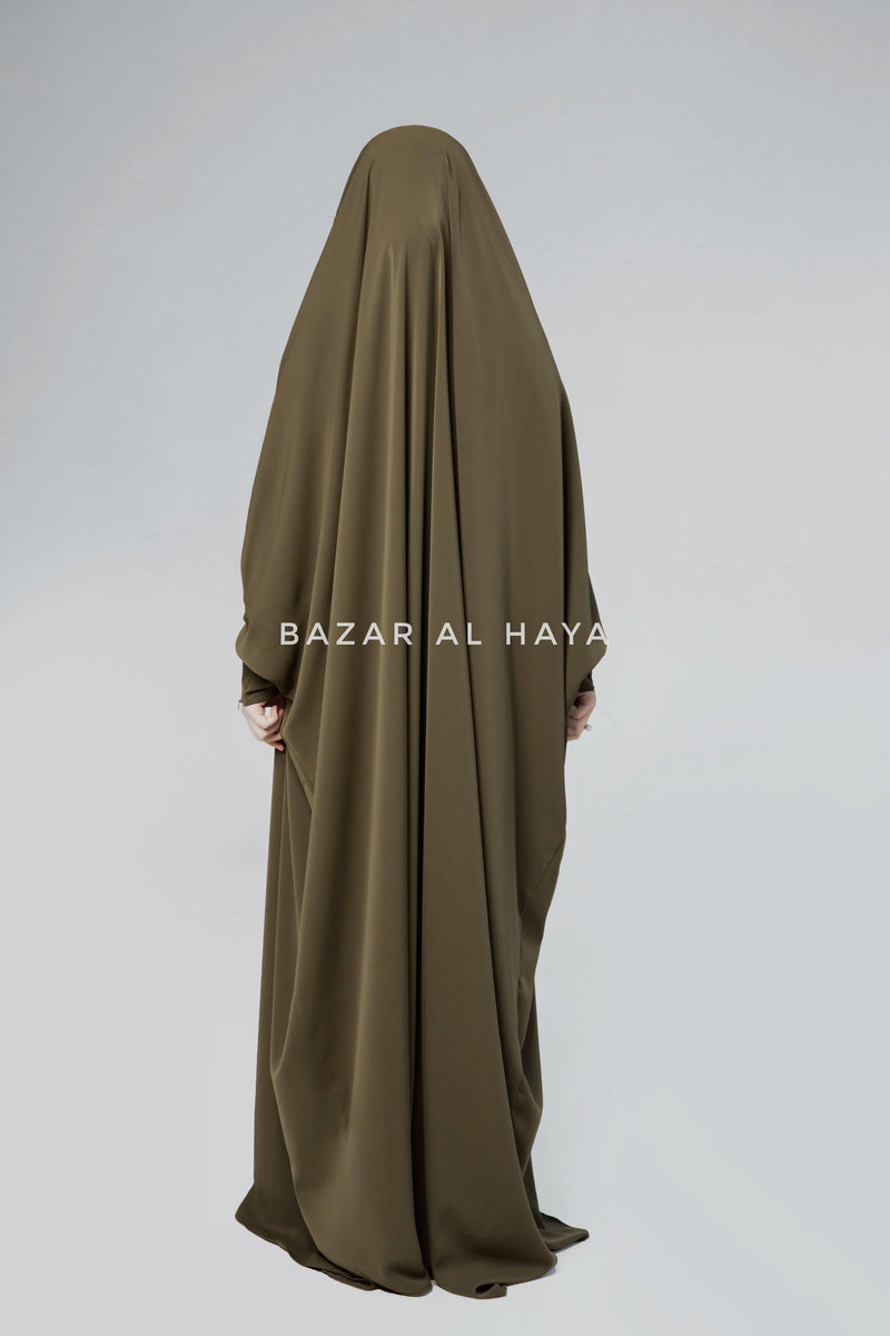 Sarah One Piece Olive Jilbab - Zipper Sleeves - Silk Crepe