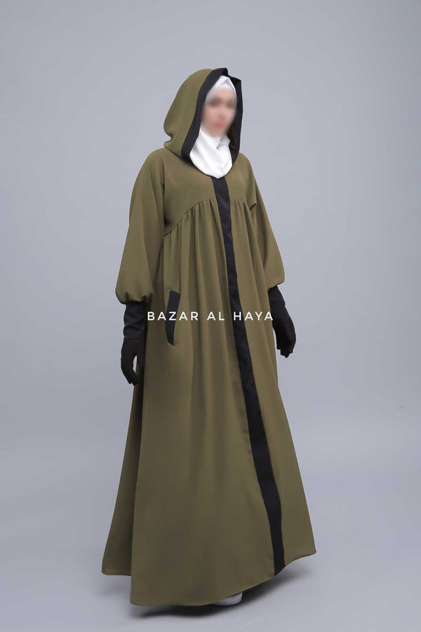 Kalina Dark Olive Hooded Abaya Dress With Pockets - Soft Crepe Cotton