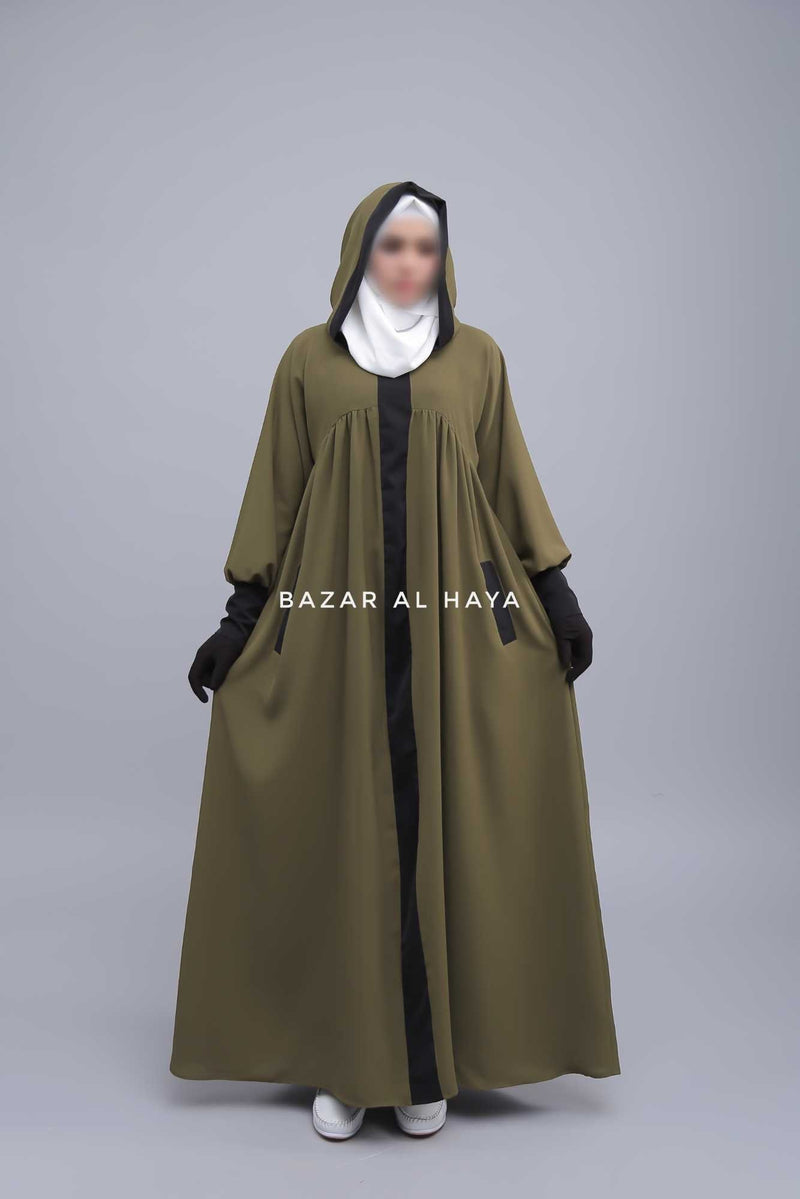 Kalina Dark Olive Hooded Abaya Dress With Pockets - Soft Crepe Cotton