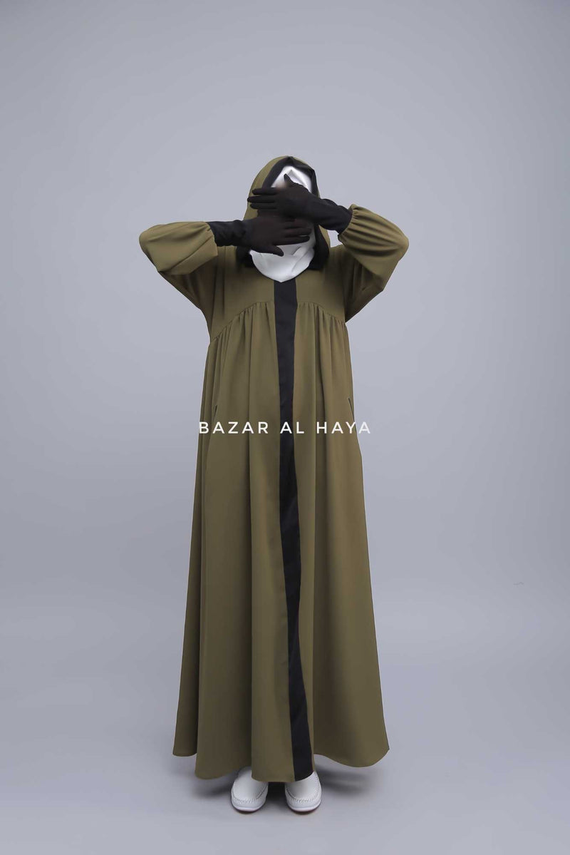 Kalina Dark Olive Hooded Abaya Dress With Pockets - Soft Crepe Cotton