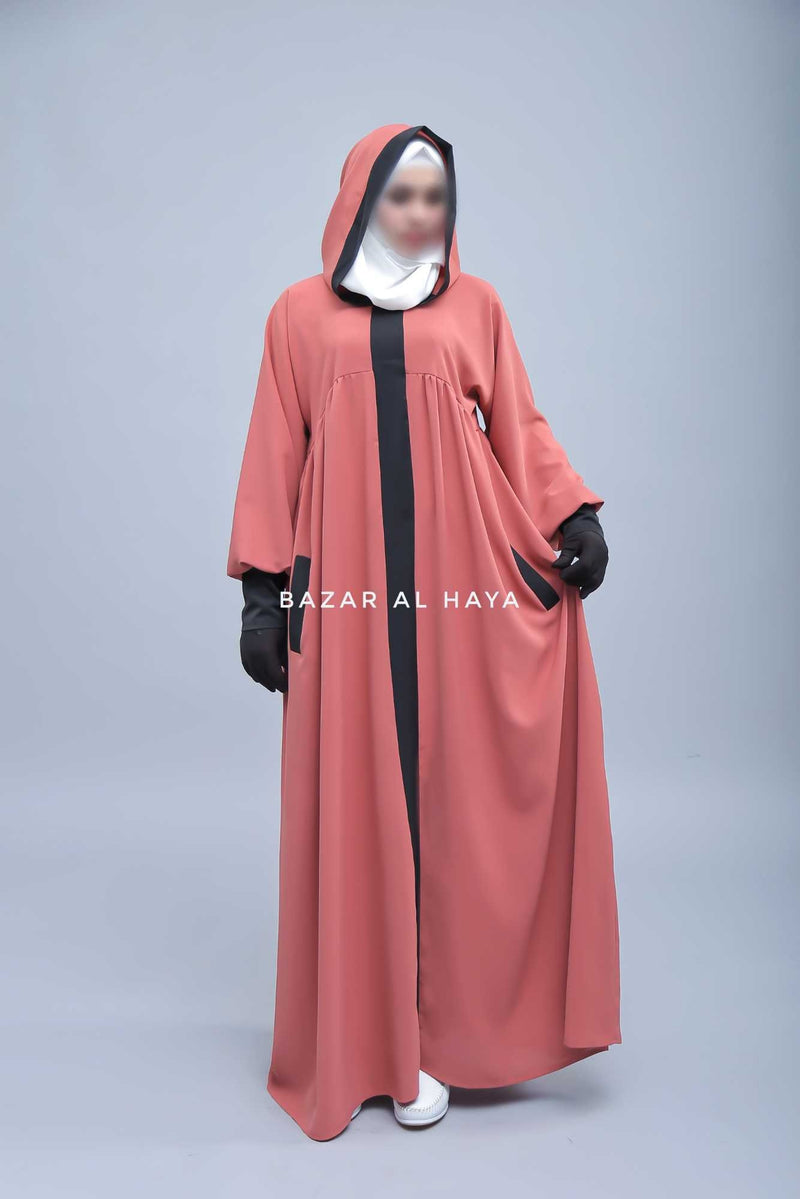 Kalina Blush Peach Hooded Abaya Dress With Pockets - Soft Crepe Cotton