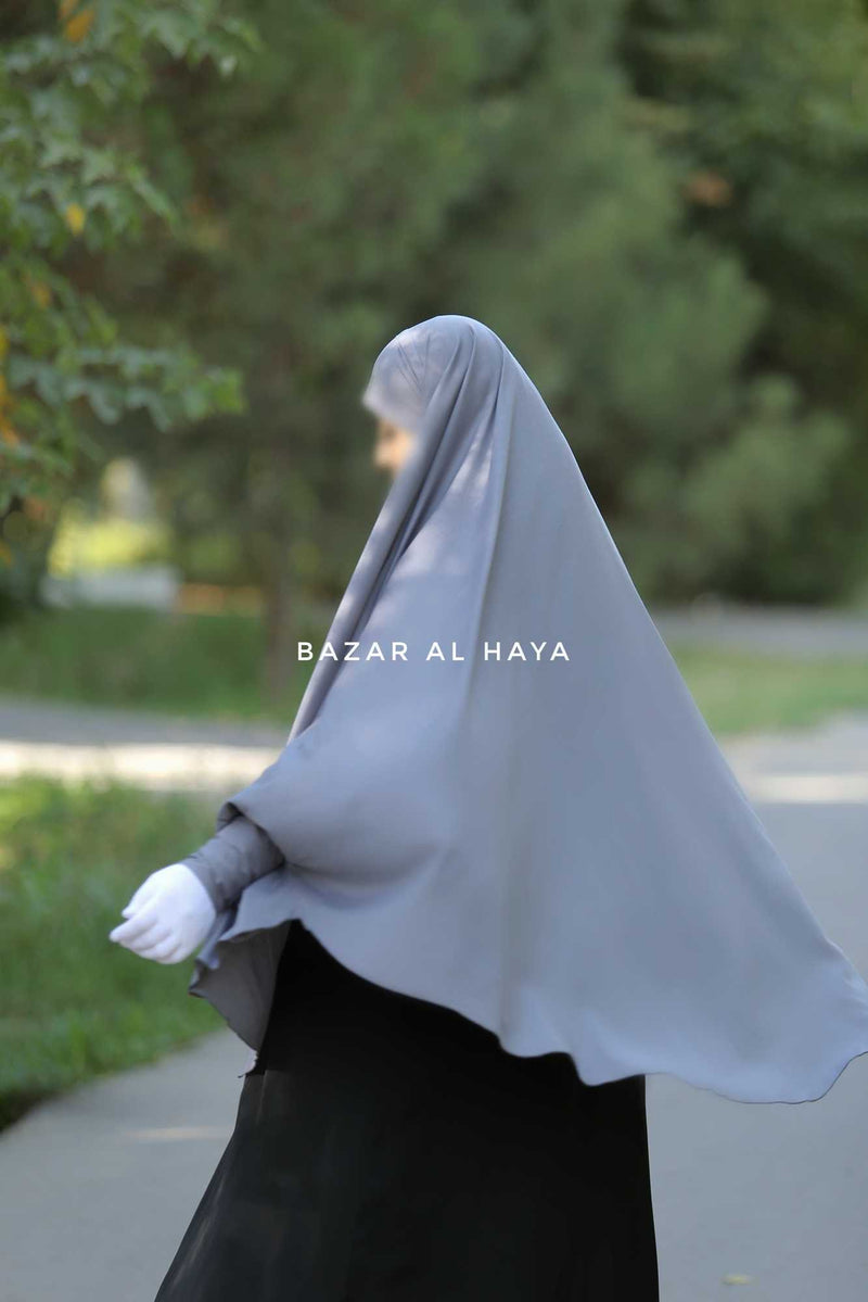 Steel Grey Cotton Abida Khimar With Sleeves - Soft Cotton