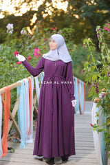 Purple Salam 3 Belted Abaya Dress - Front Zipper & Zipper Sleeves - Nida