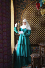 Zuhur Jade Green Ruffle Tiered Maxi Abaya Dress - Soft Silk Crepe